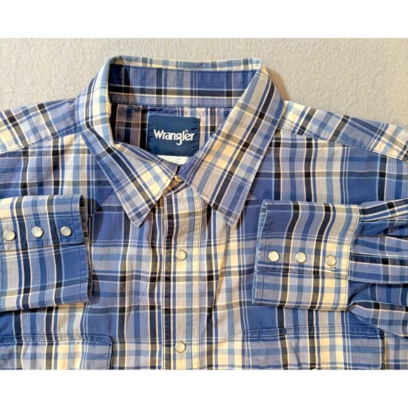 Wrangler Mens Western Pearl Snap Shirt XXL Blue Plaid Long Sleeve Cotton Cowboy - Picture 1 of 9